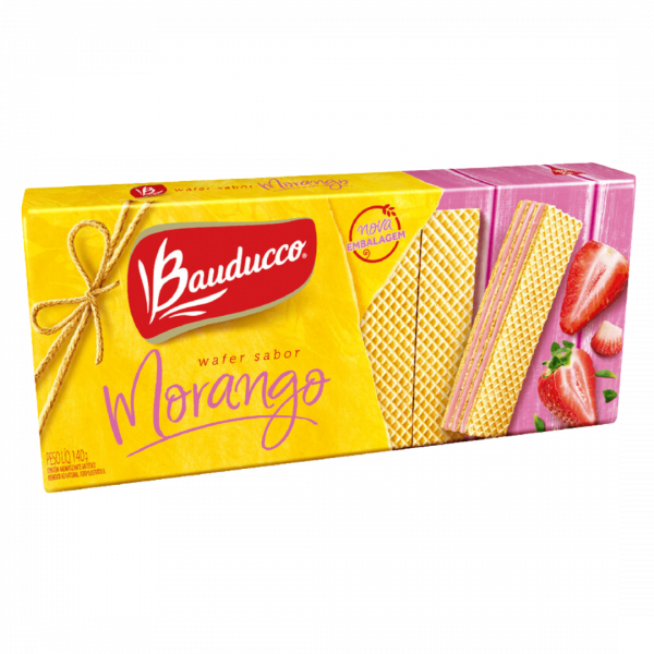 Wafer Morango 140g Bauducco traz a perfeita combinação de camadas crocantes de wafer com um recheio cremoso e irresistível de morango